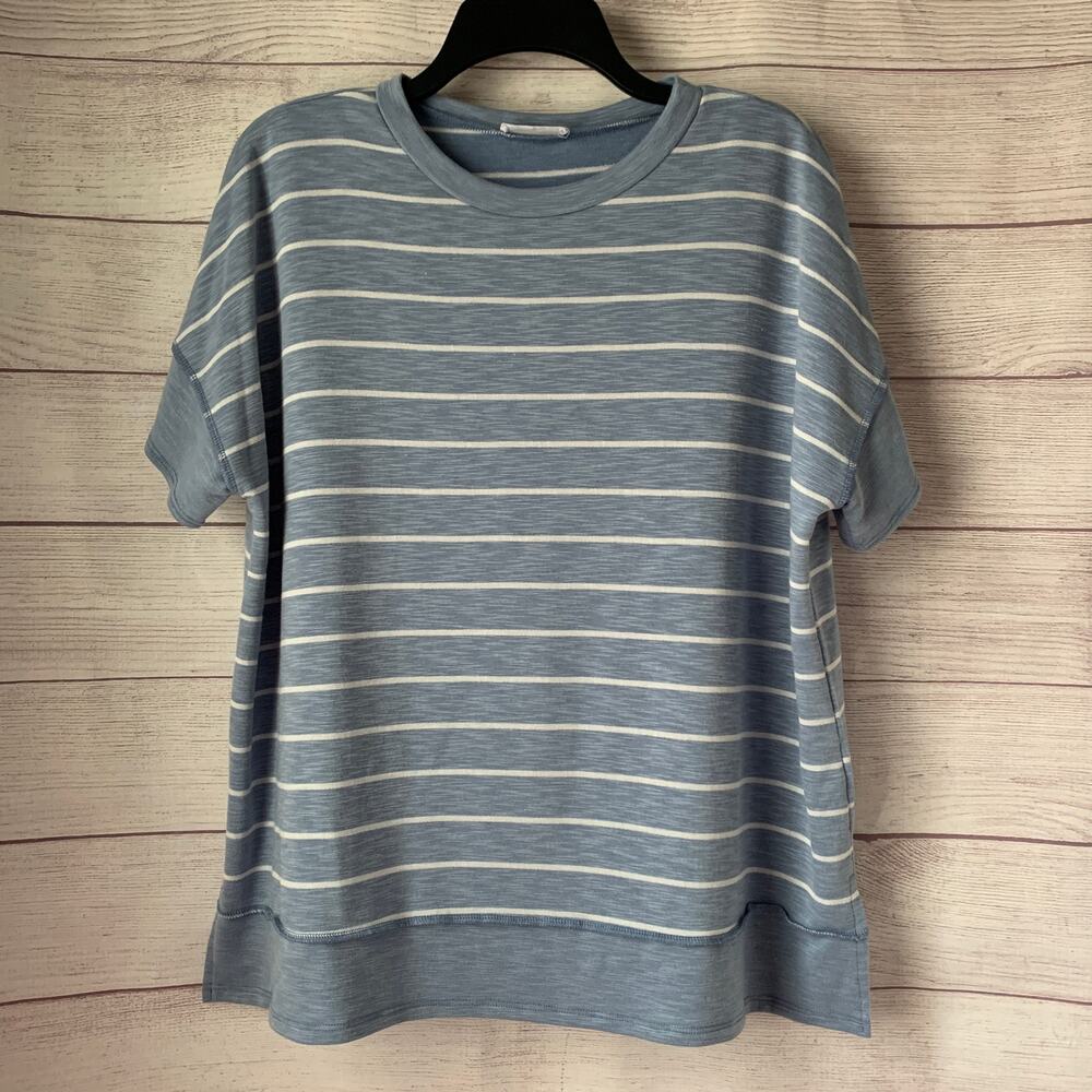 First Love by Lovelyn Blue and White Striped Shirt Short Sleeve Size Medium